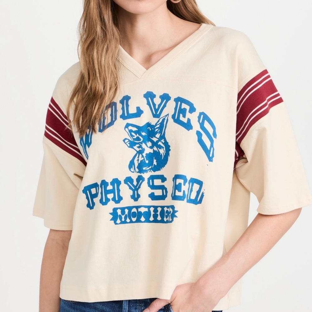 MOTHER Cream Tee with Blue Wolves Graphic